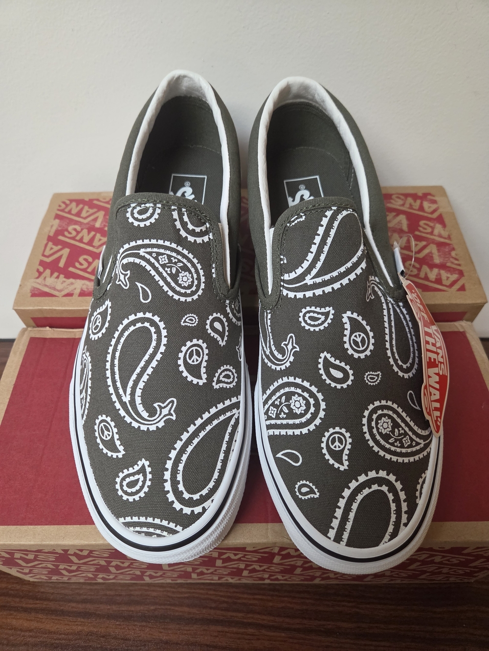 Brand New Vans Slip-On Paisley Canvas Shoes — Olive/White